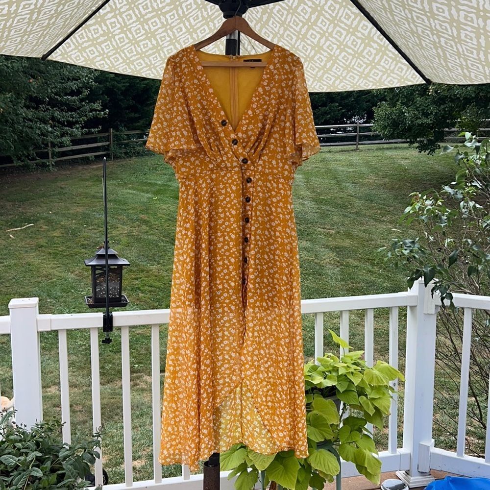 Lulus Women’s XL mustard yellow floral midi flowing dress NWOT boho prairie core - Picture 2 of 16